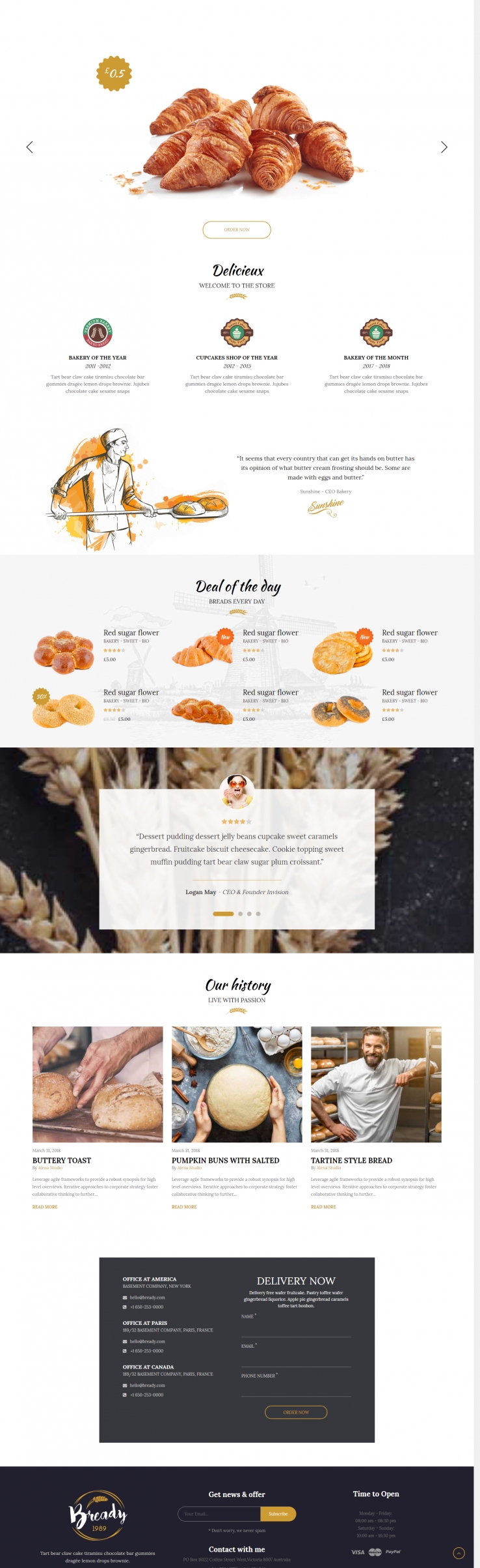 黄色简洁风格的面包店订餐购物企业网站源码下载