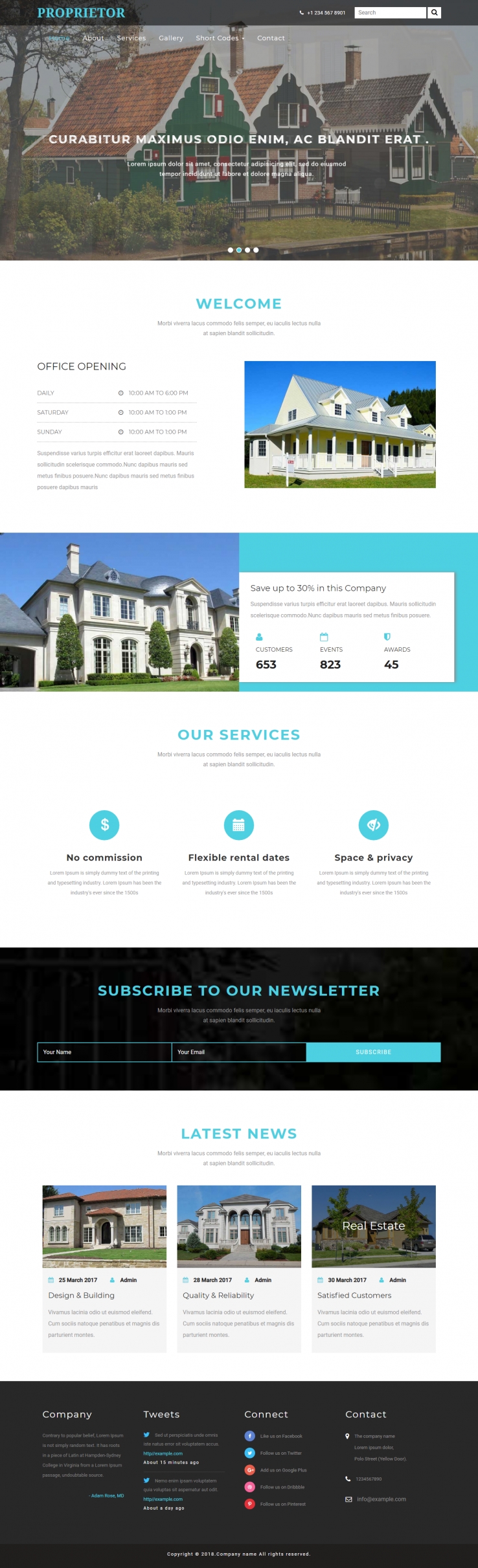 蓝色宽屏风格的别墅房产出租企业网站源码下载