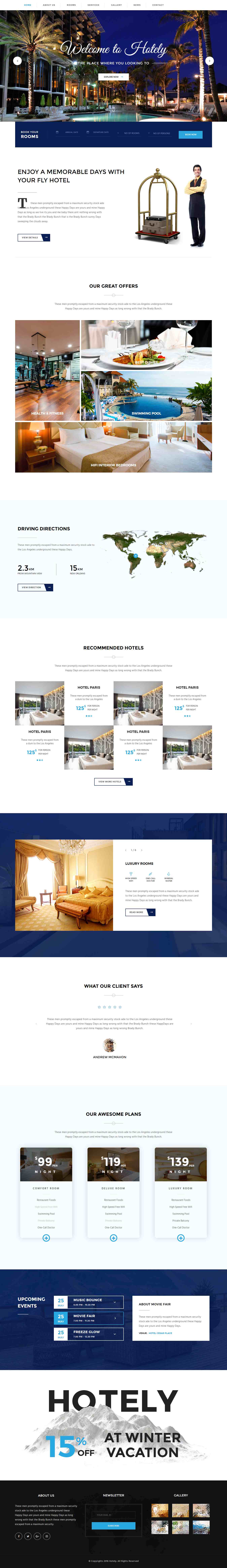 蓝色宽屏风格的度假酒店预订企业网站源码下载