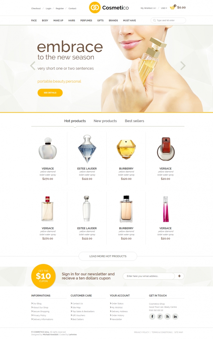 黄色简洁风格的香水化妆品整站网站源码下载