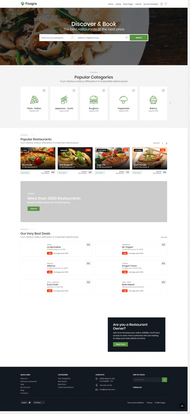 绿色扁平风格的餐饮预订平台商城网站源码下载