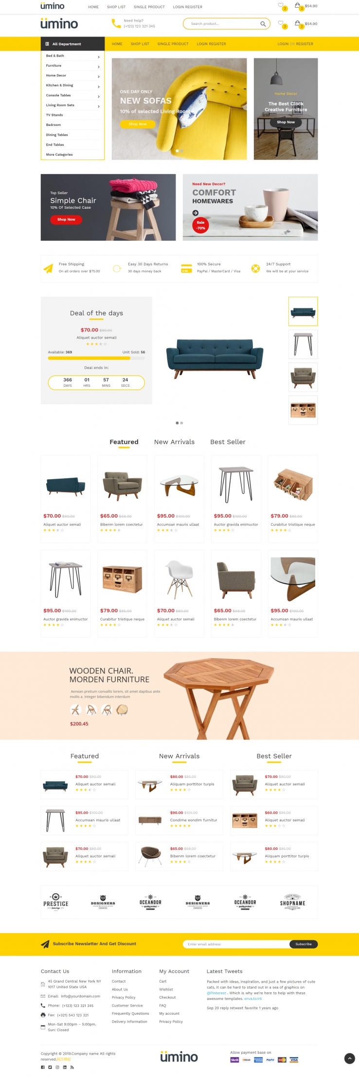 黄色简洁风格的室内家具商城网站源码下载