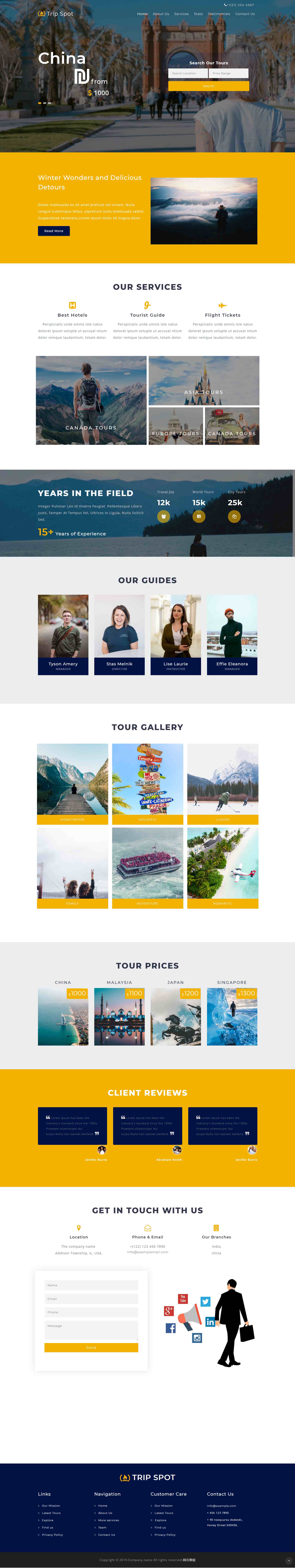 黄色大气样式响应式出国旅行旅游网页模板