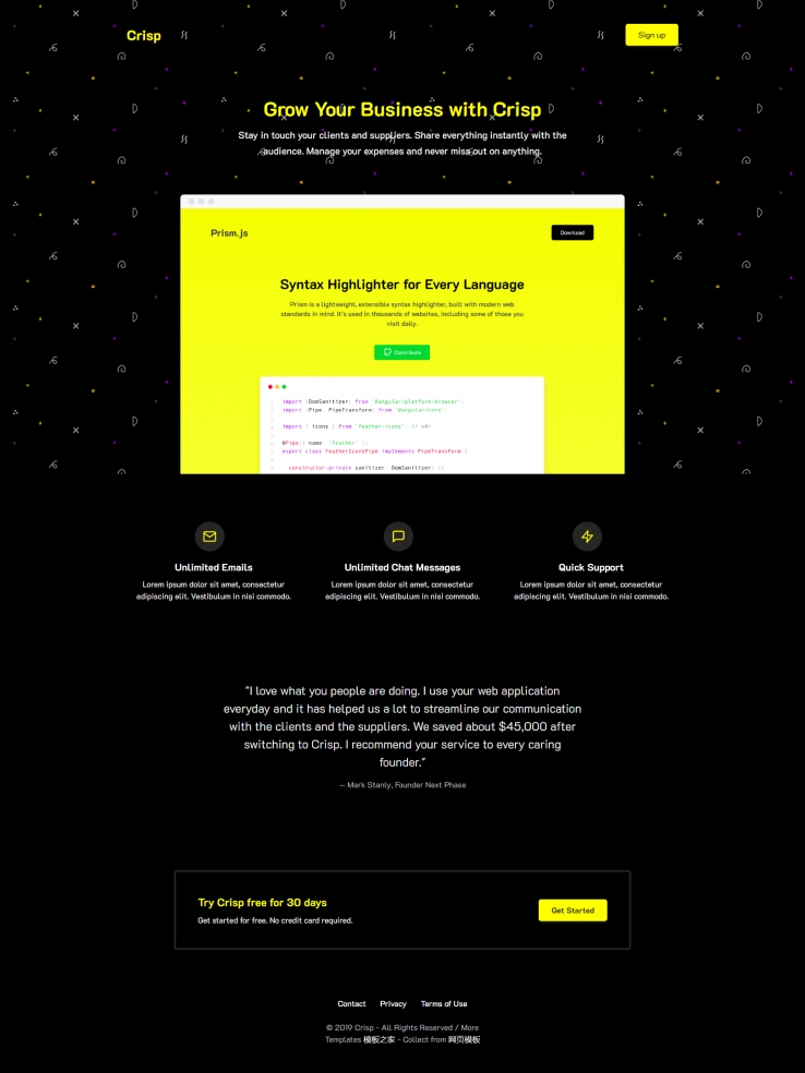 黄色简洁响应式前端技术开发网页模板代码