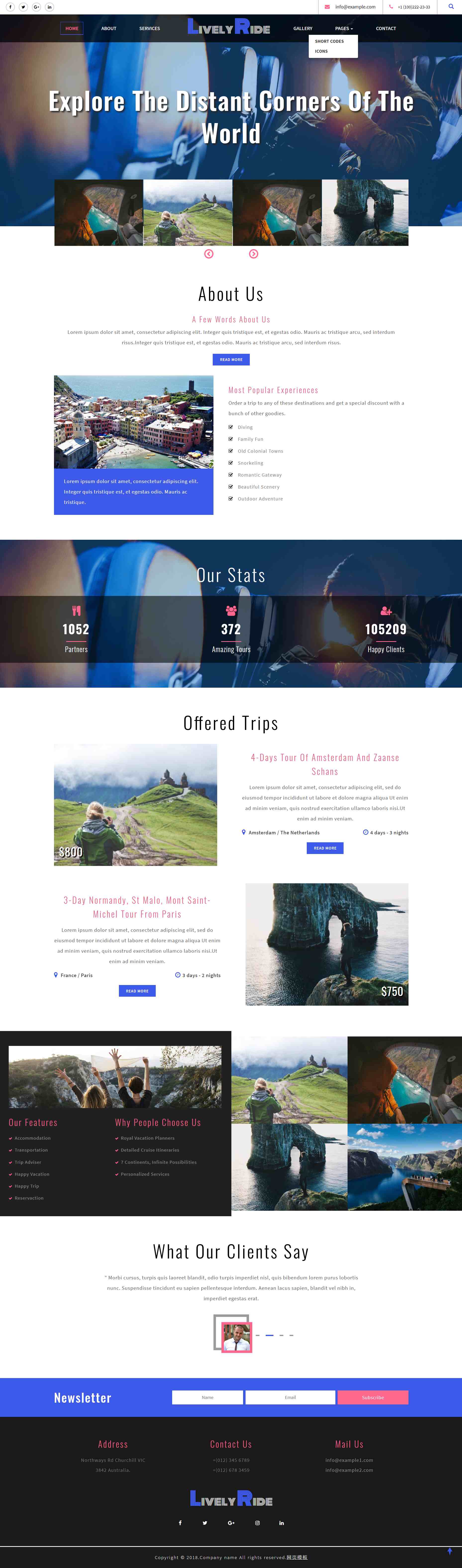 html5蓝色欧美风格探索世界旅游网页模板代码