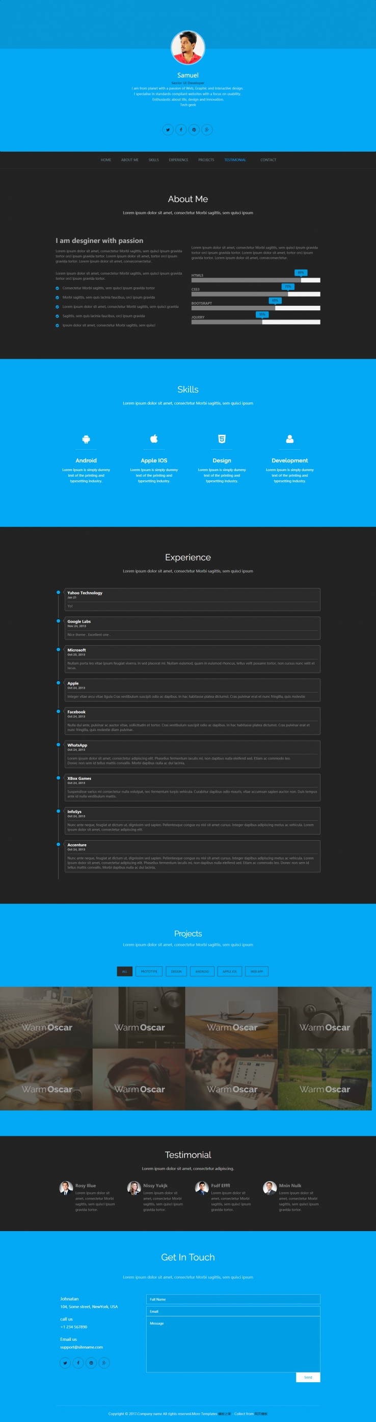 蓝色宽屏形式响应式个人简历网页模板