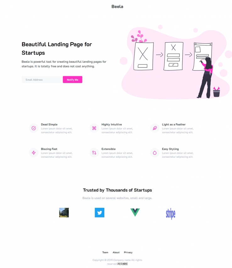 html粉色简洁形式设计初创公司网页模板