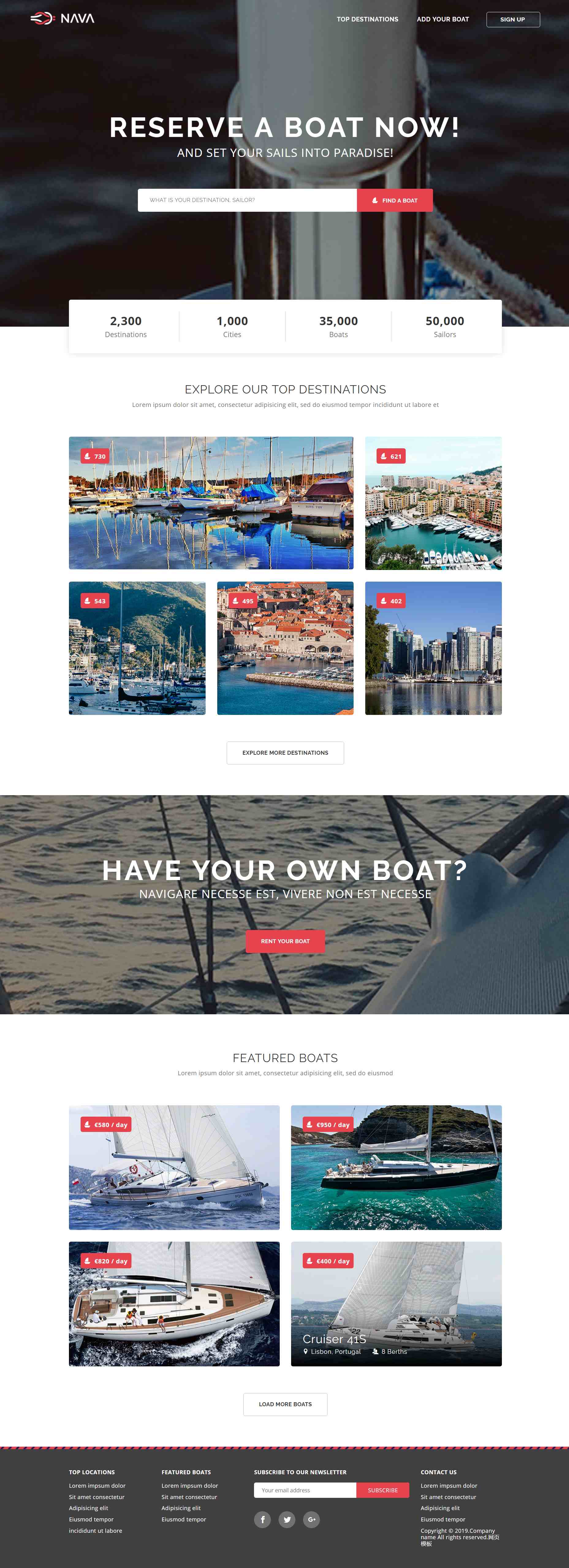 红色欧美形式pc+wap游轮帆船租赁网页模板代码