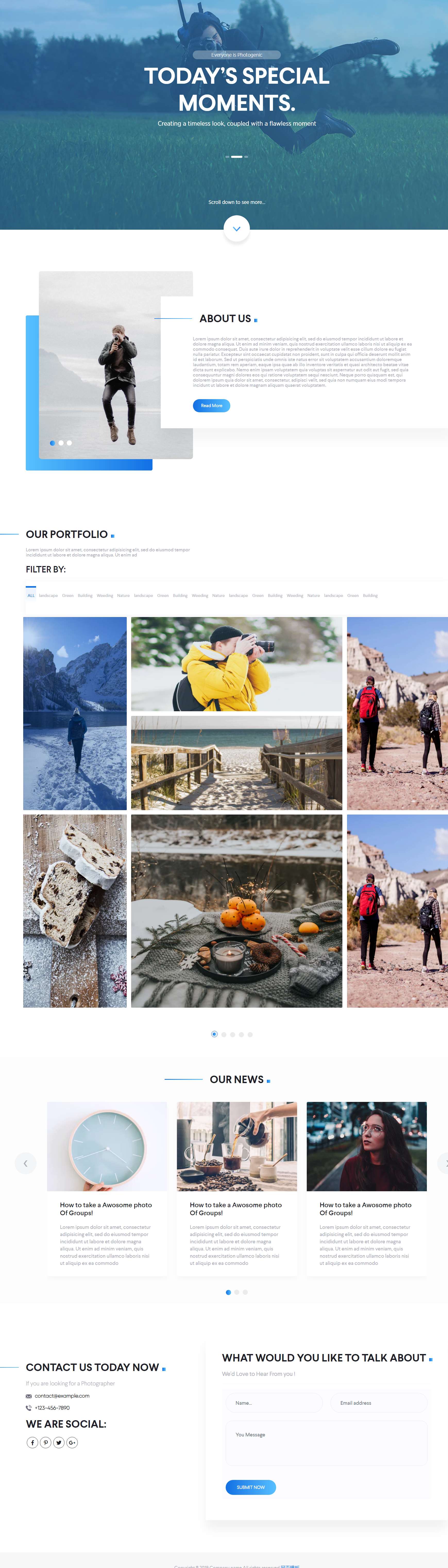 html蓝色欧美形式旅行拍照网页模板代码
