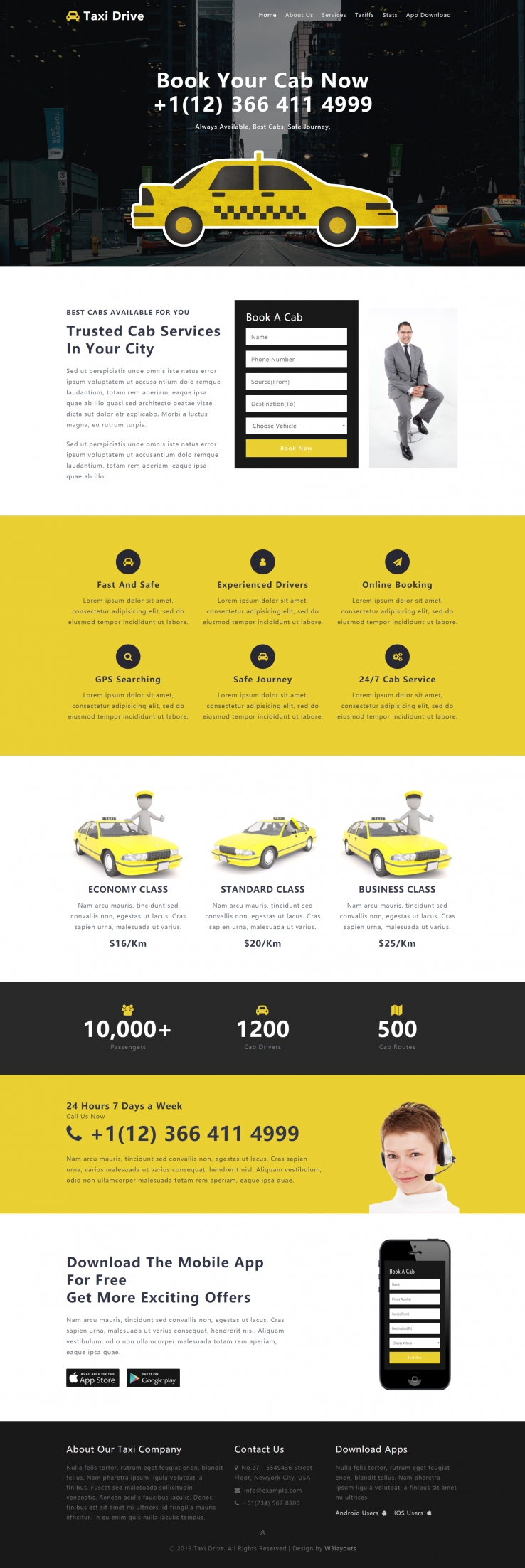 HTML黄色宽屏形式出租车服务网页模板代码