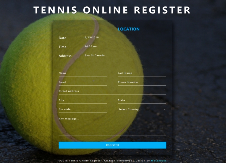 HTML蓝色欧美形式网球报名表网页模板代码