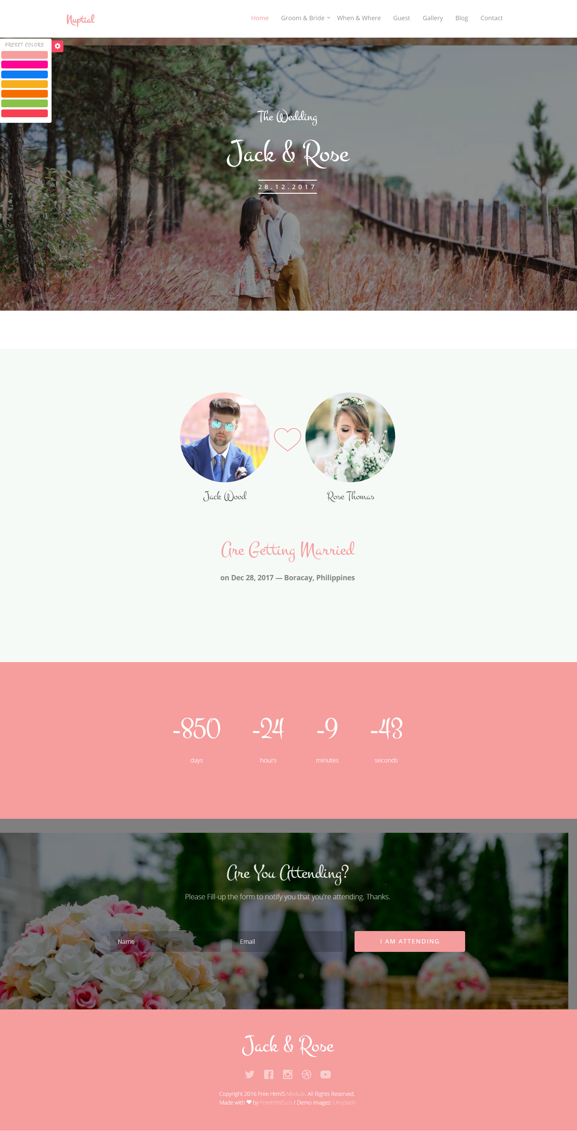 粉色宽屏风格响应式婚礼信息展示网页模板