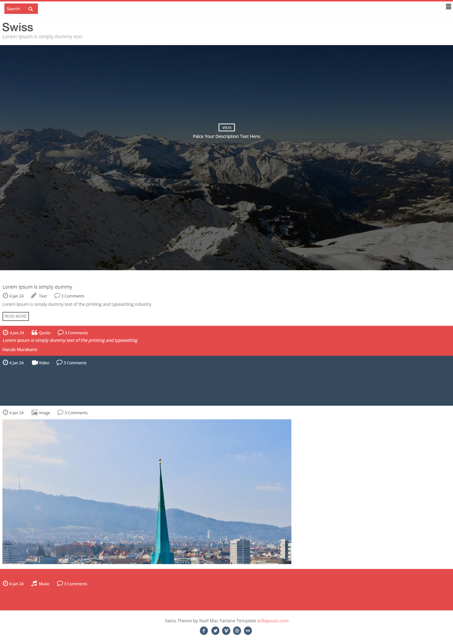 红色宽屏风格响应式瑞士之旅博客网页模板