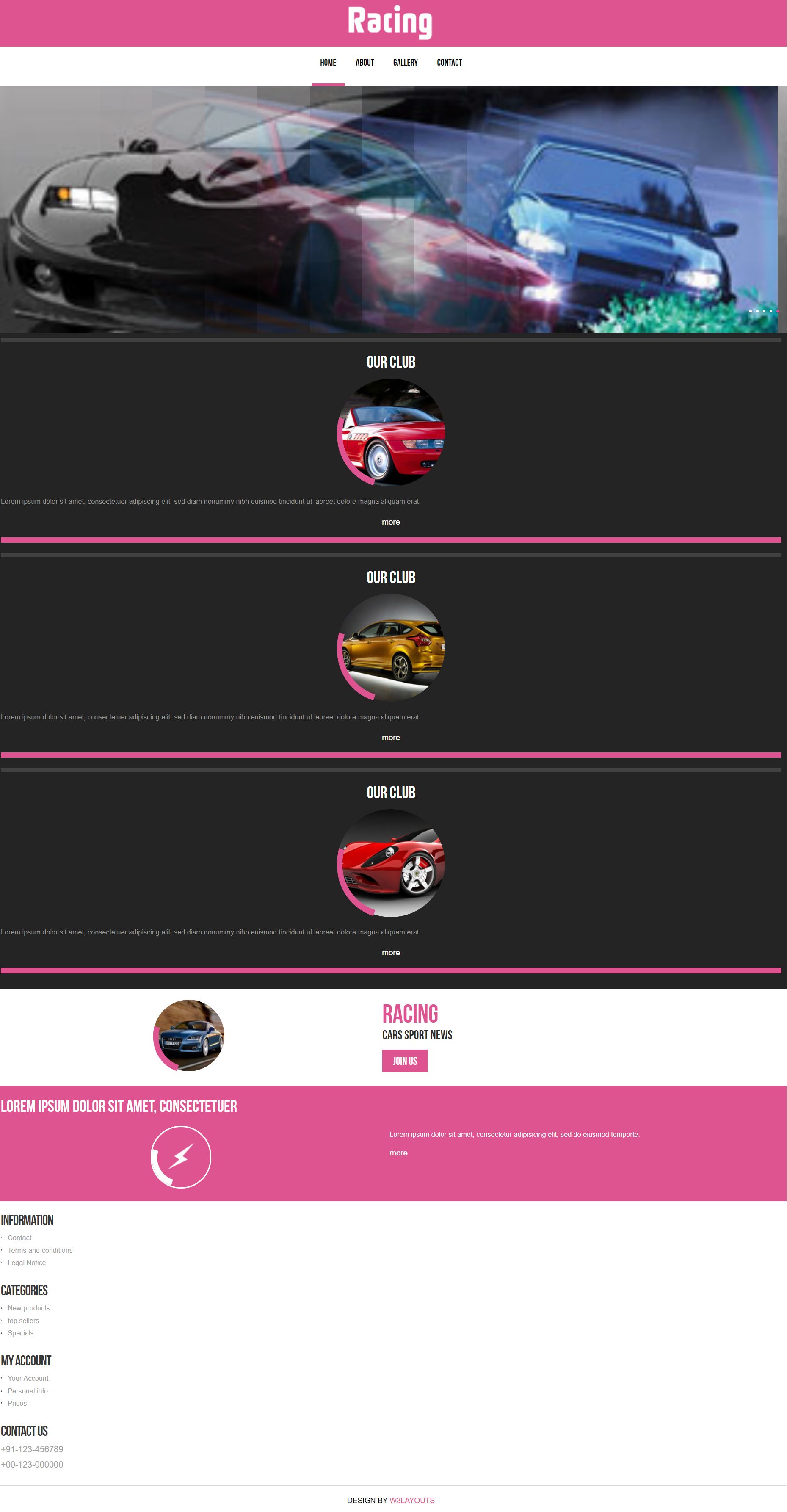 bootstrap粉色欧美样式赛车信息网页模板代码下载
