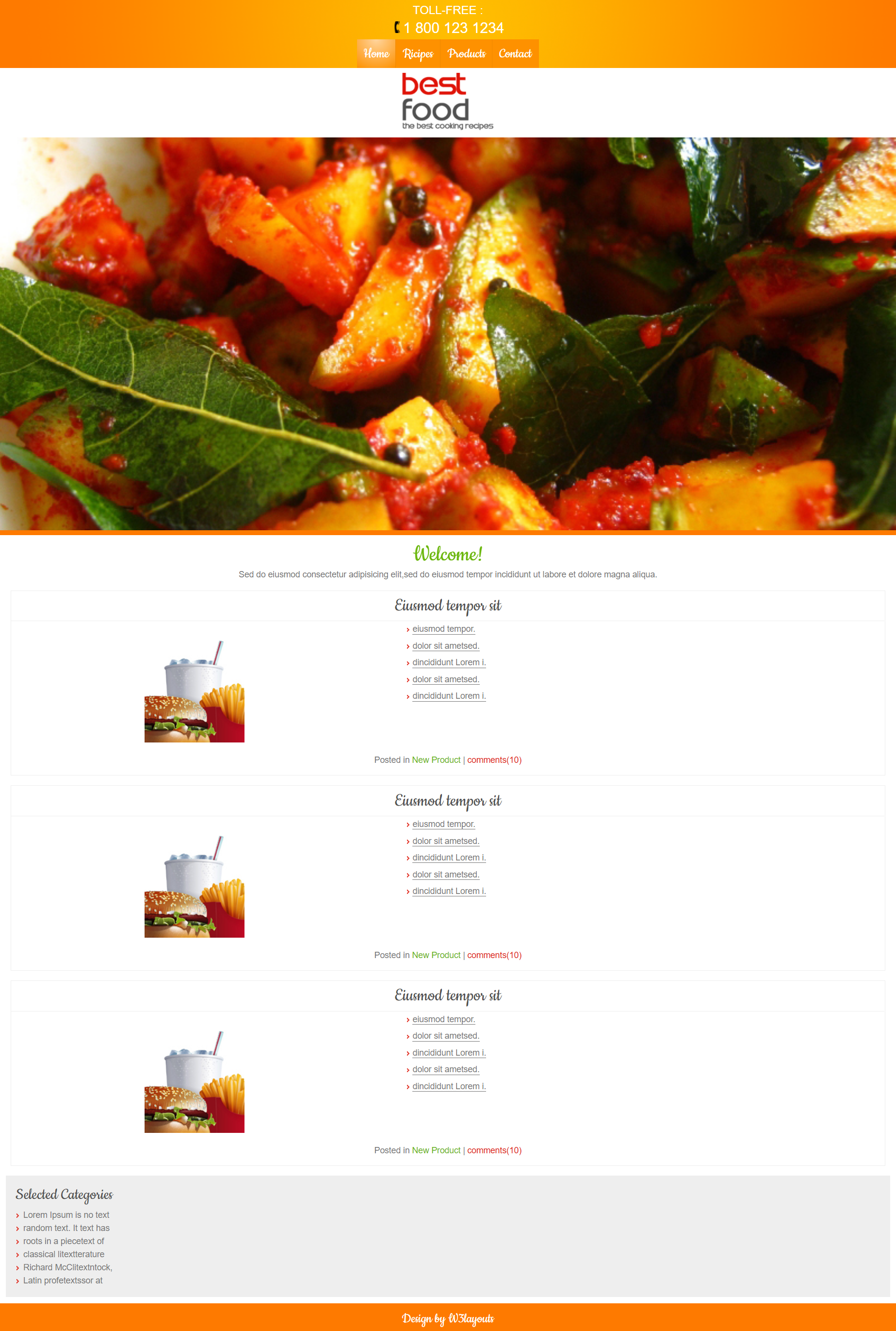 HTML橙色欧美形式美食日志网页模板代码
