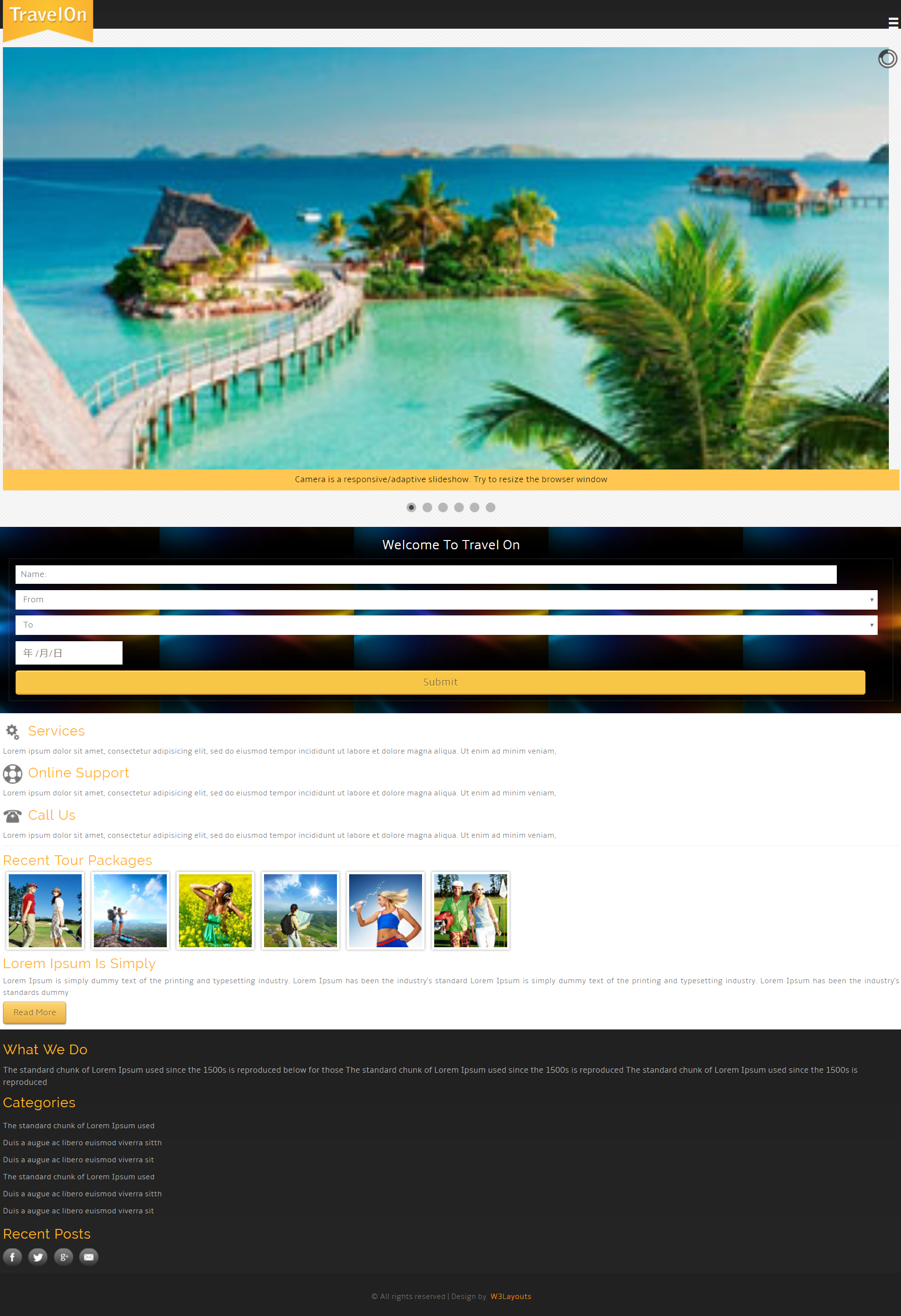HTML5黄色宽屏样式旅游预订介绍网页模板代码下载