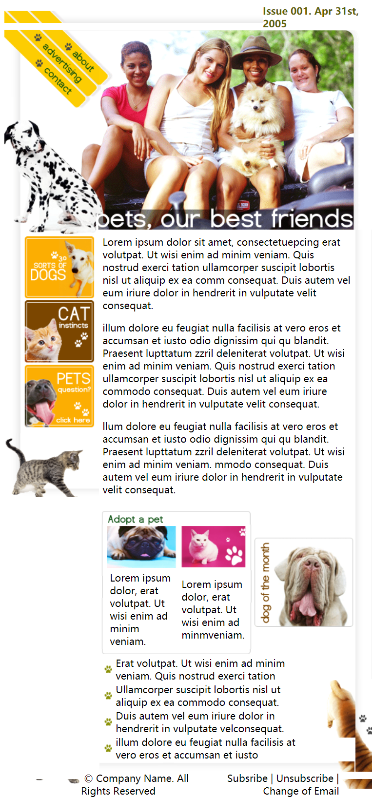 HTML黄色欧美形式宠物信息网页模板代码
