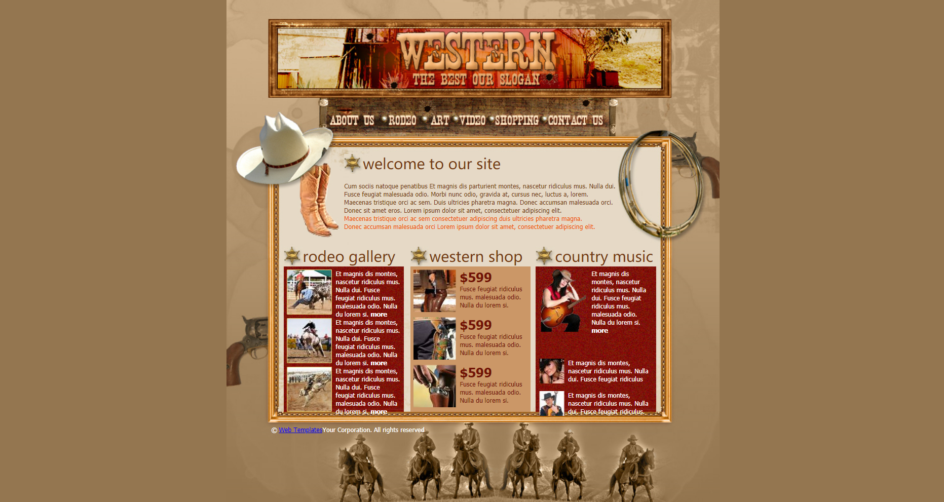 HTML5棕色宽屏样式西部牛仔主题网页模板代码下载