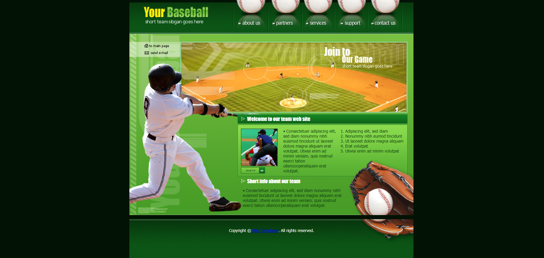 bootstrap绿色大气样式棒球队网页模板代码下载