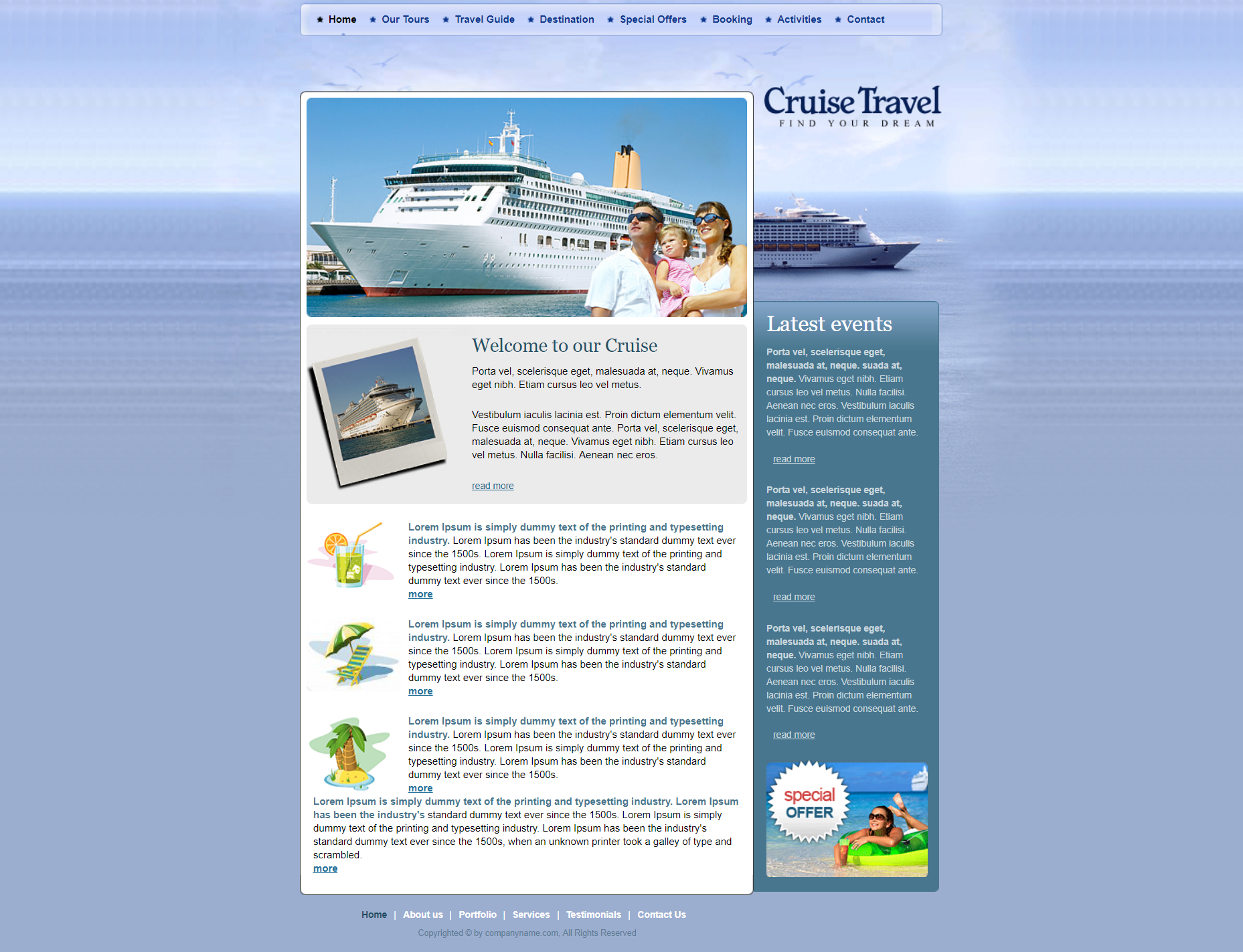 bootstrap蓝色欧美样式海上邮轮旅行网页模板代码下载