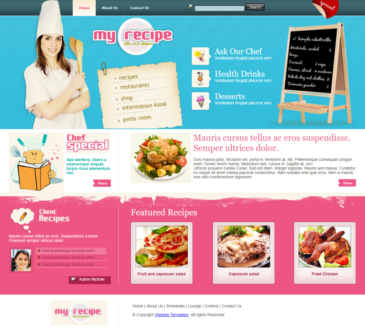 粉色简洁形式pc+wap创意美食食谱网页模板代码