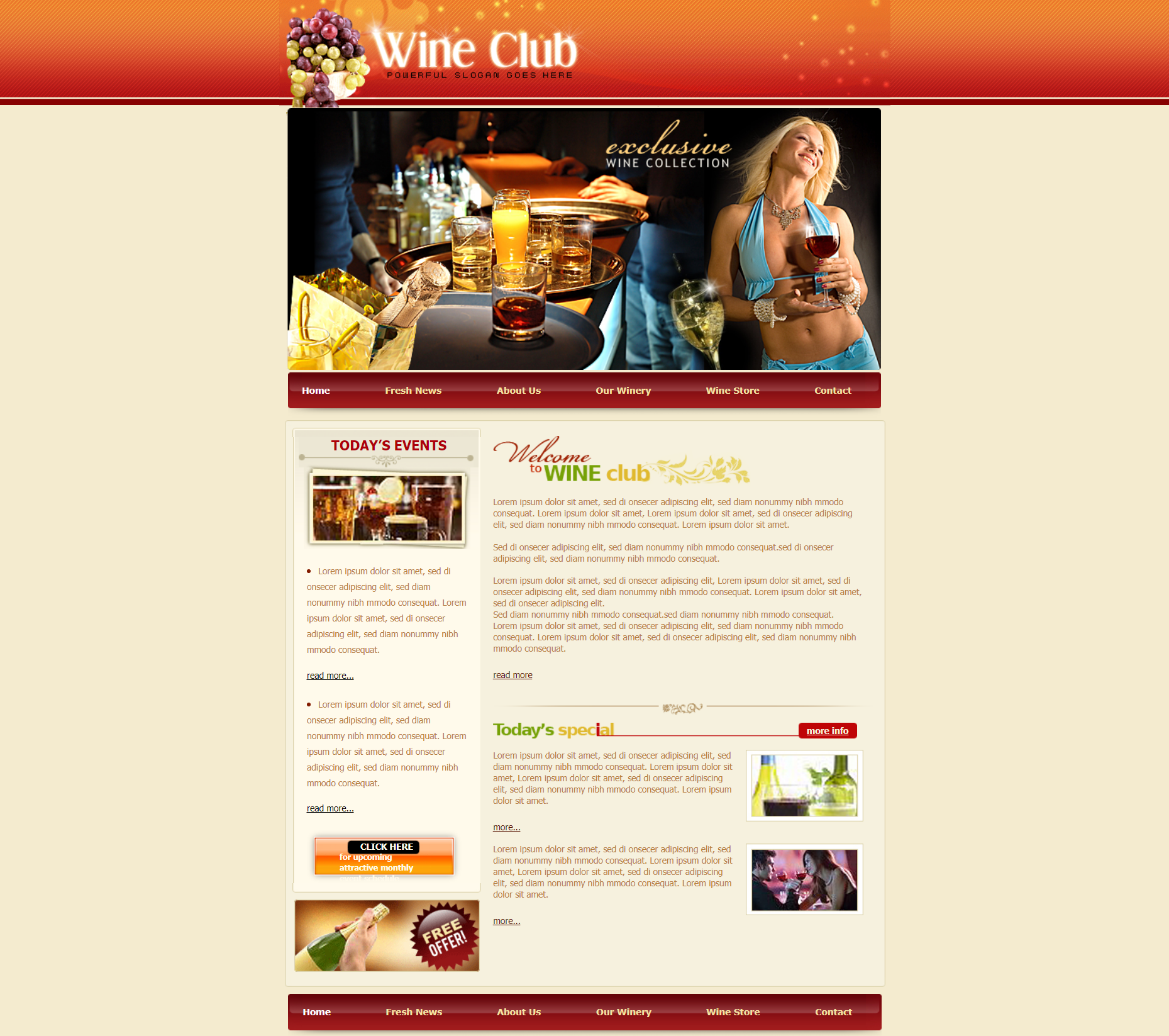 黄色宽屏风格响应式葡萄酒俱乐部网页模板