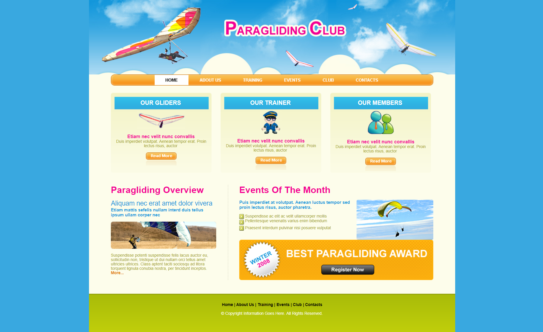 黄色宽屏风格响应式滑翔伞俱乐部网页模板