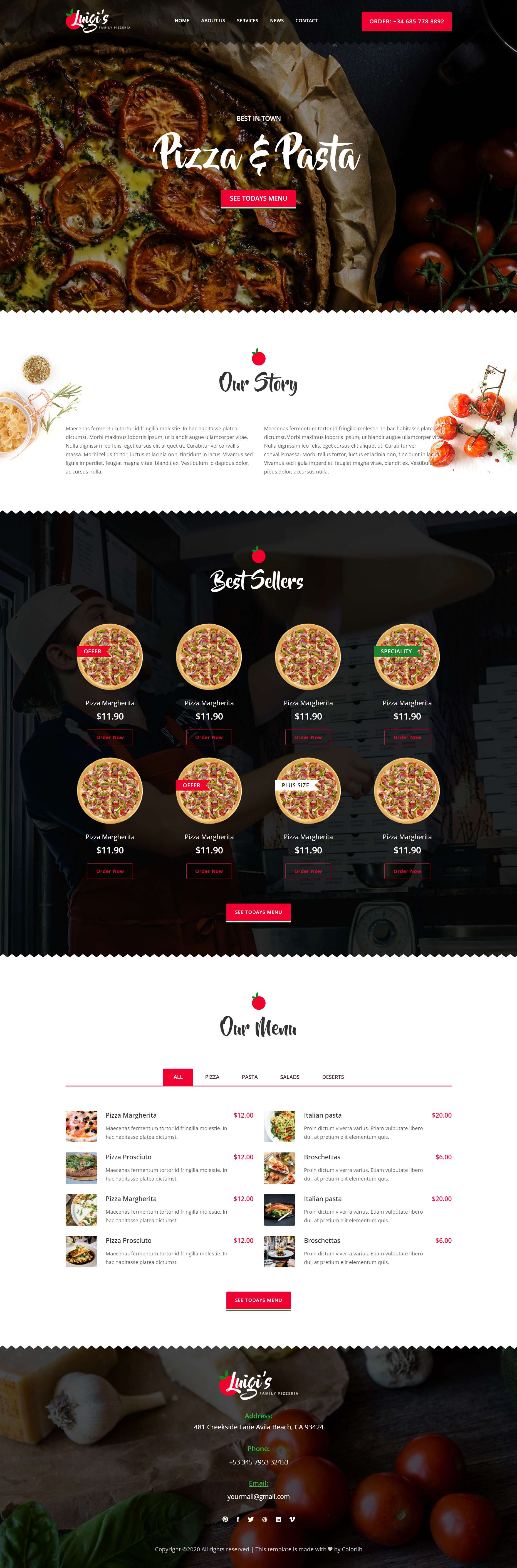 红色大气风格响应式披萨美食网页模板