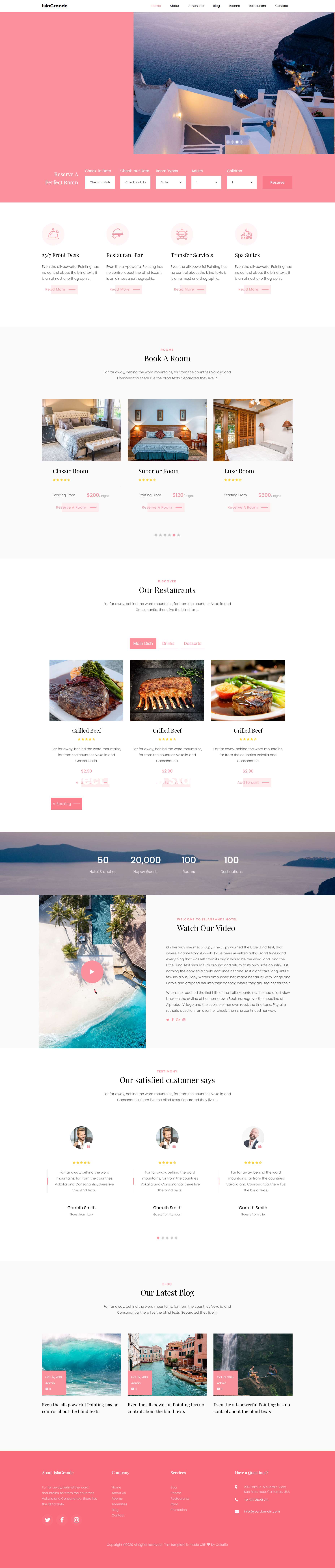 粉色宽屏风格响应式海滨度假酒店网页模板