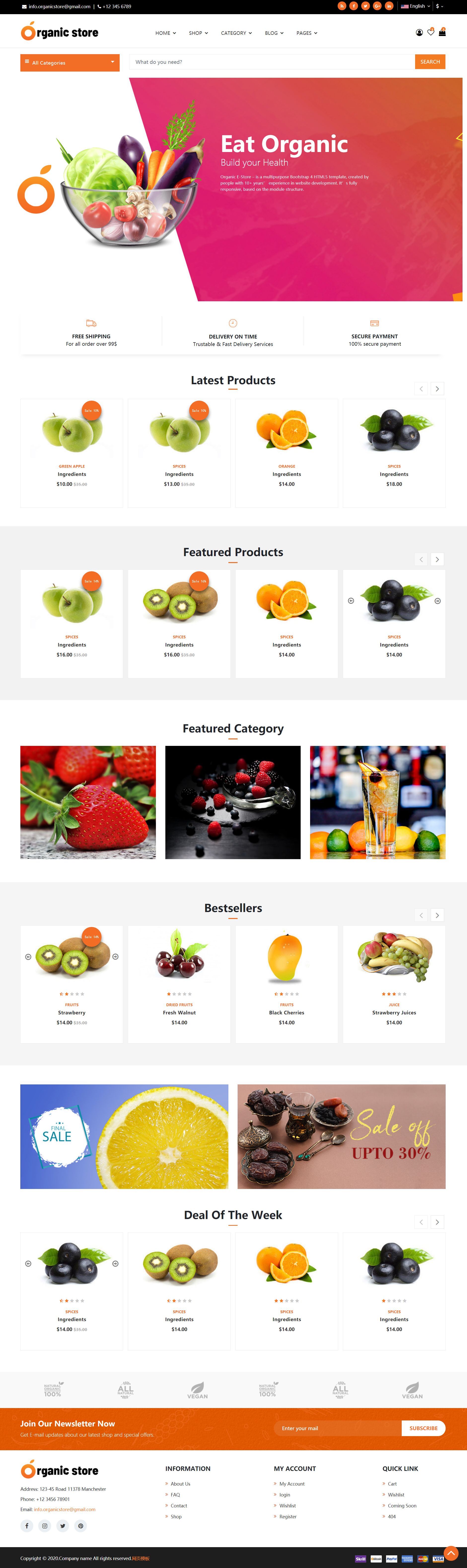橙色简洁风格响应式水果外卖超市网页模板