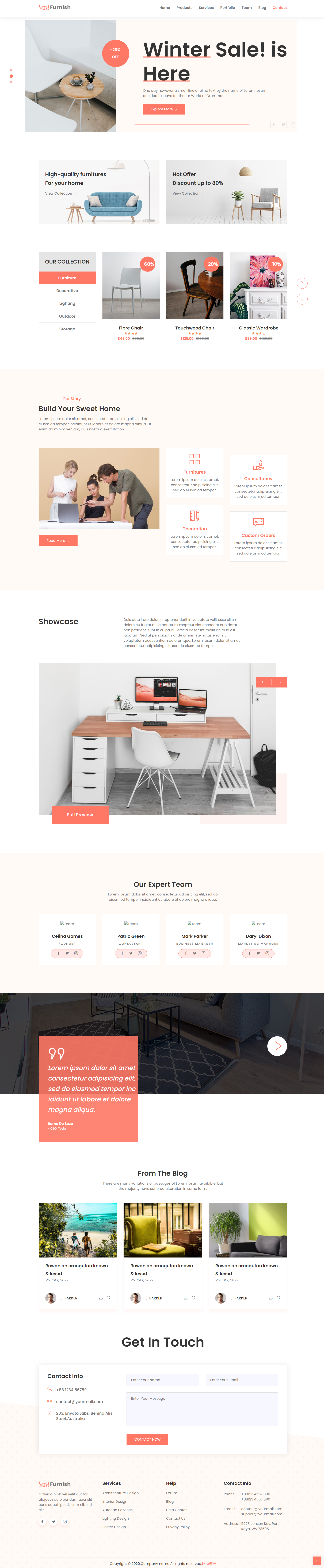 橙色简洁风格响应式家具办公桌网页模板