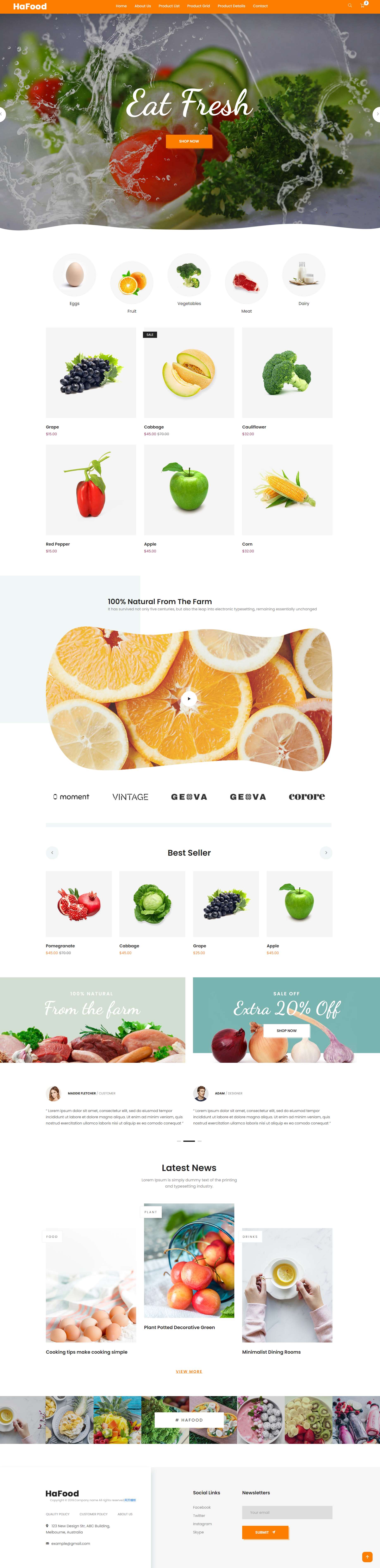 橙色简洁形式pc+wap有机水果蔬菜网页模板代码