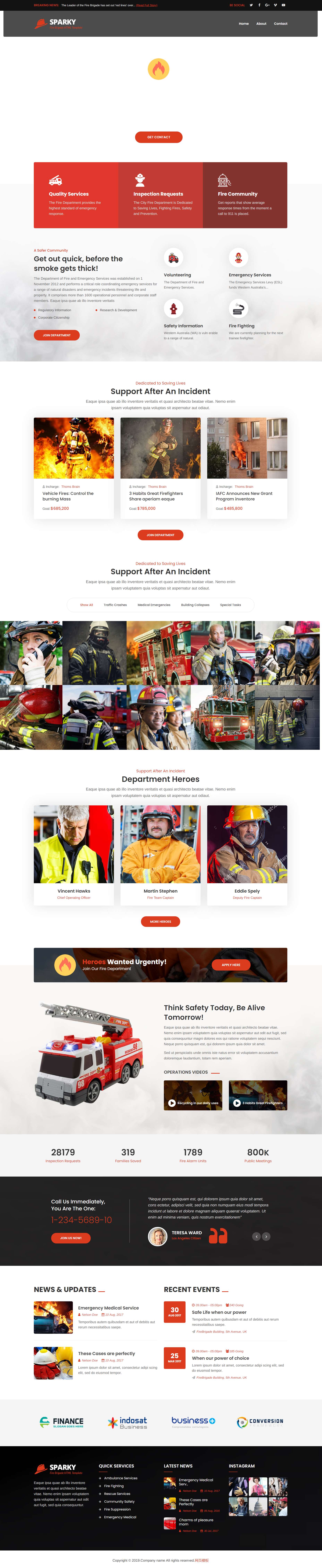 HTML红色欧美形式火灾救援消防网页模板代码