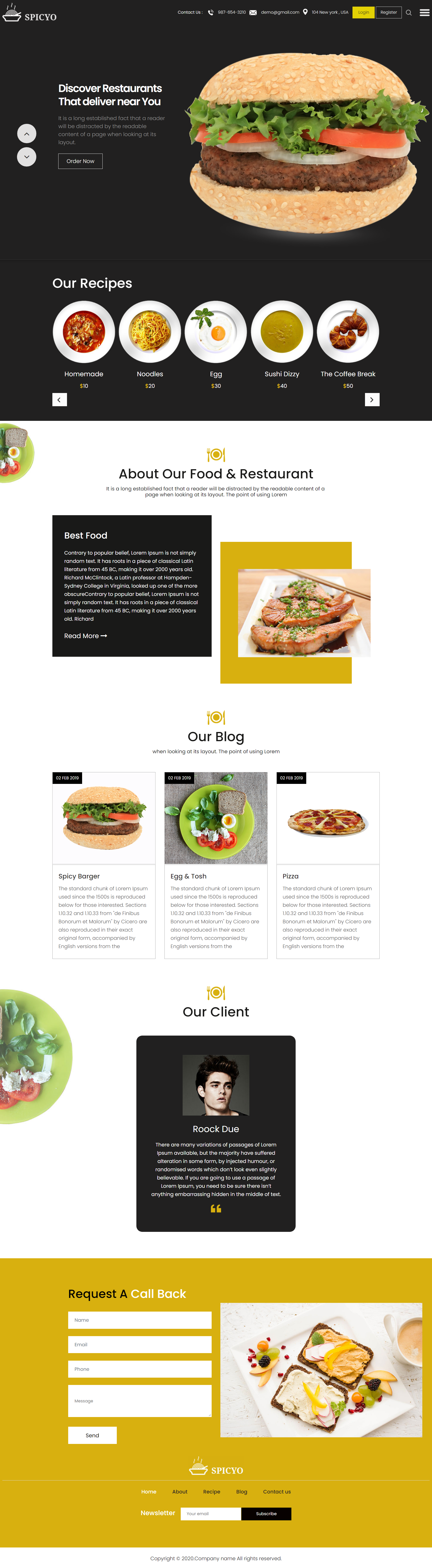 bootstrap黄色宽屏样式美食汉堡西餐企业网站模板代码下载