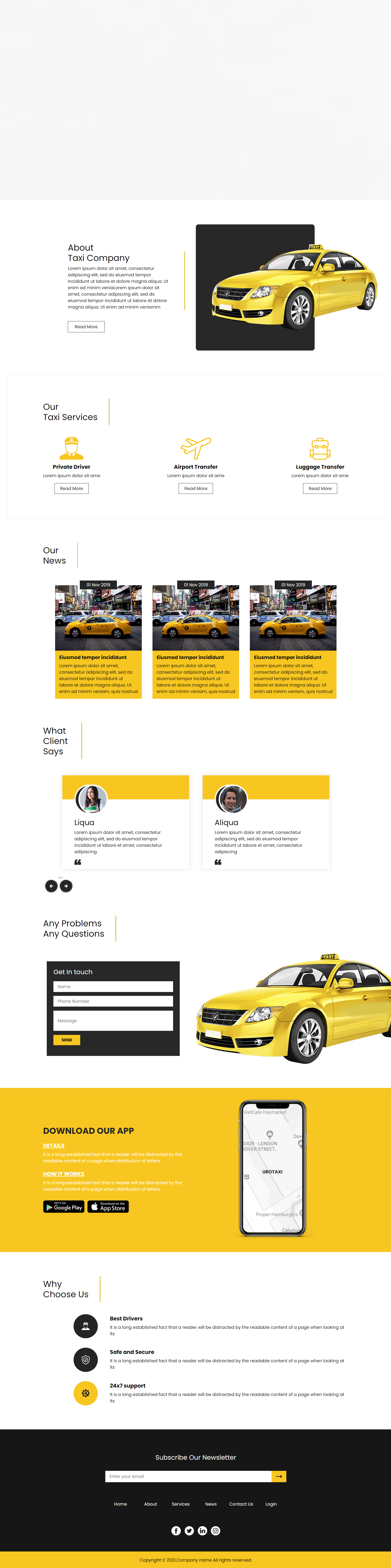 黄色大气风格响应式出租车公司企业网站模板