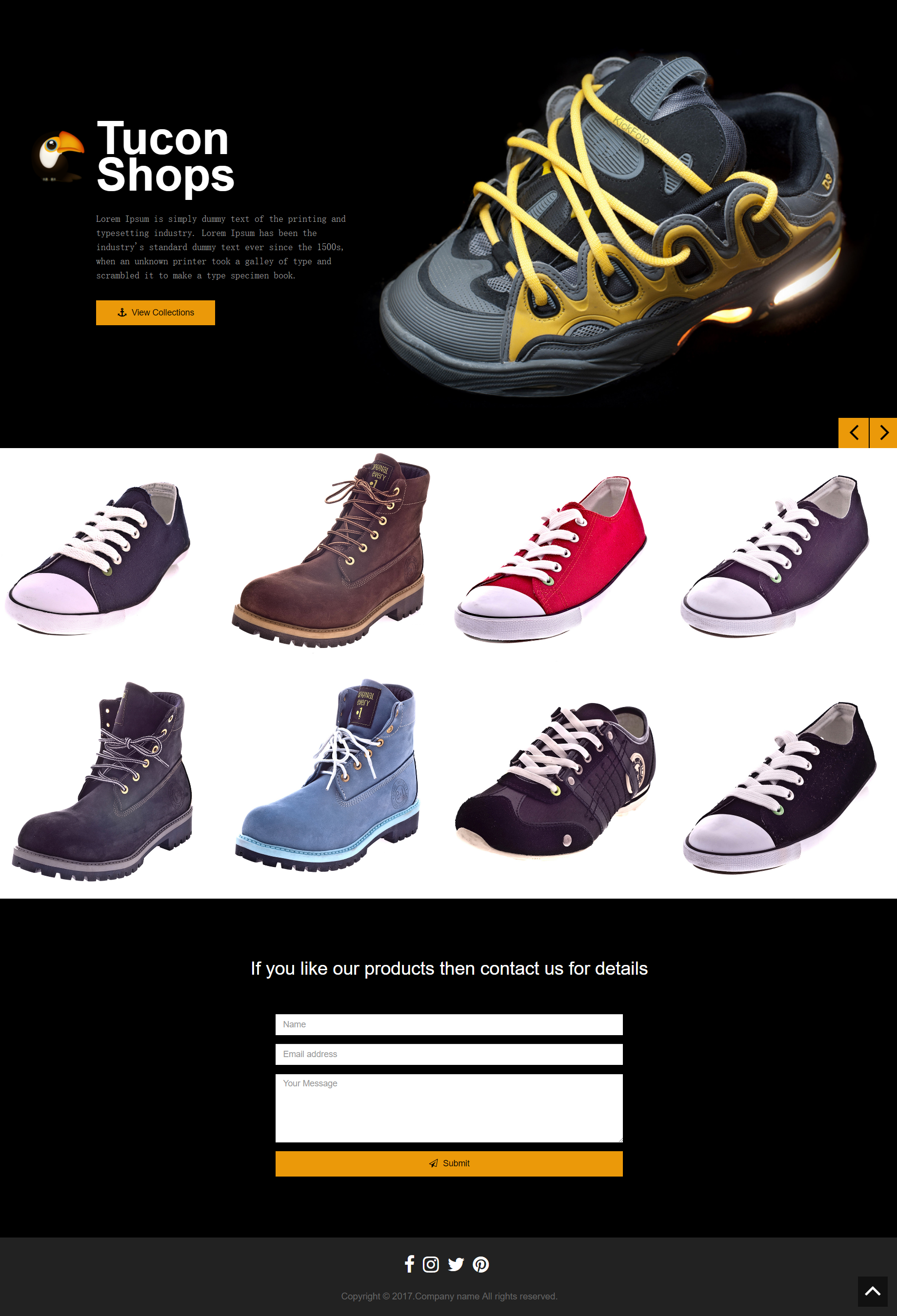 bootstrap黄色宽屏样式运动鞋电商企业网页模板代码下载