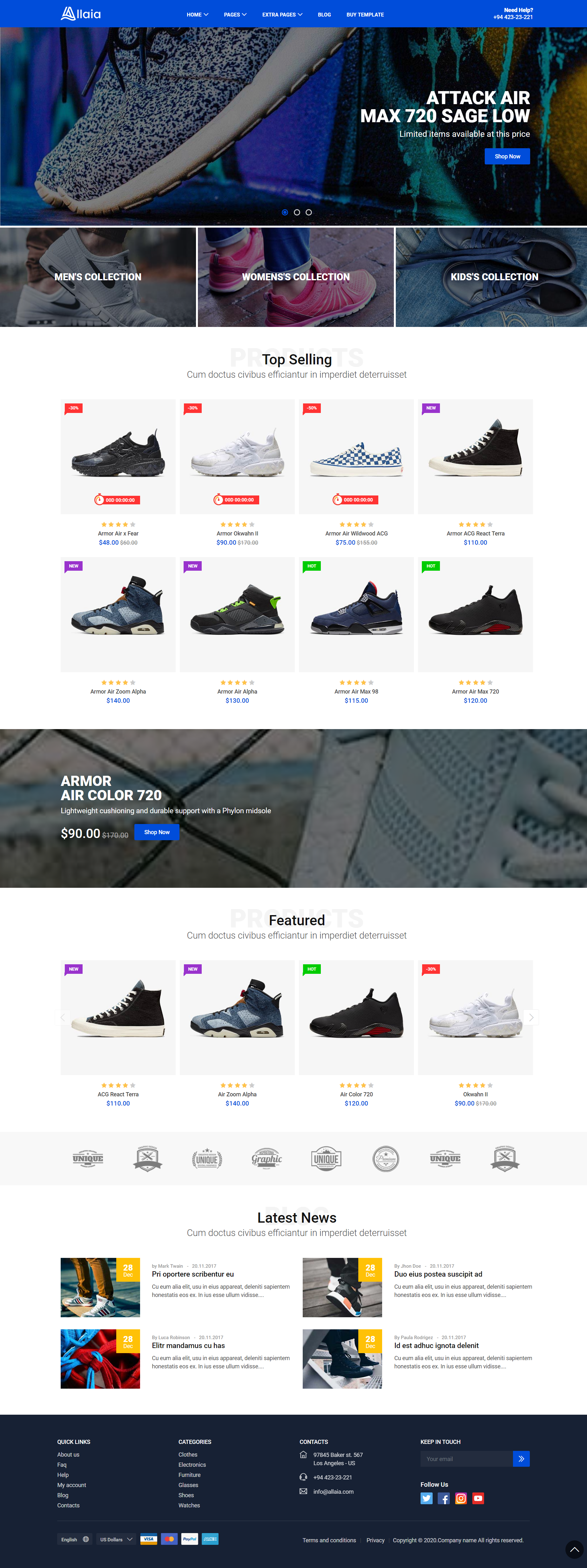 bootstrap蓝色宽屏样式时尚运动鞋购物企业网站模板代码下载